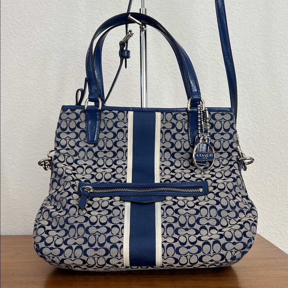 Coach signature stripe fold over crossbody with two hang tags EUC blue